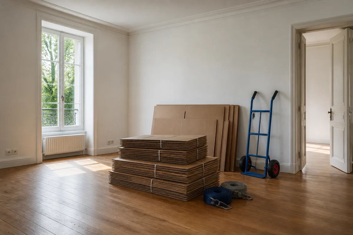Benne de chantier et palan de levage installés devant l'entrée d'un logement en cours de vidage